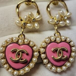 Gold, Pearl Custom Made Dangle Heart Earings